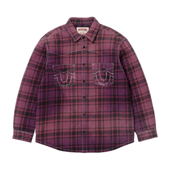 SUPREME®/TRUE RELIGION® QUILTED LINED PLAID FLANNEL SHIRT PURPLE SIZE LARGE SS25 - Picture 2 of 7